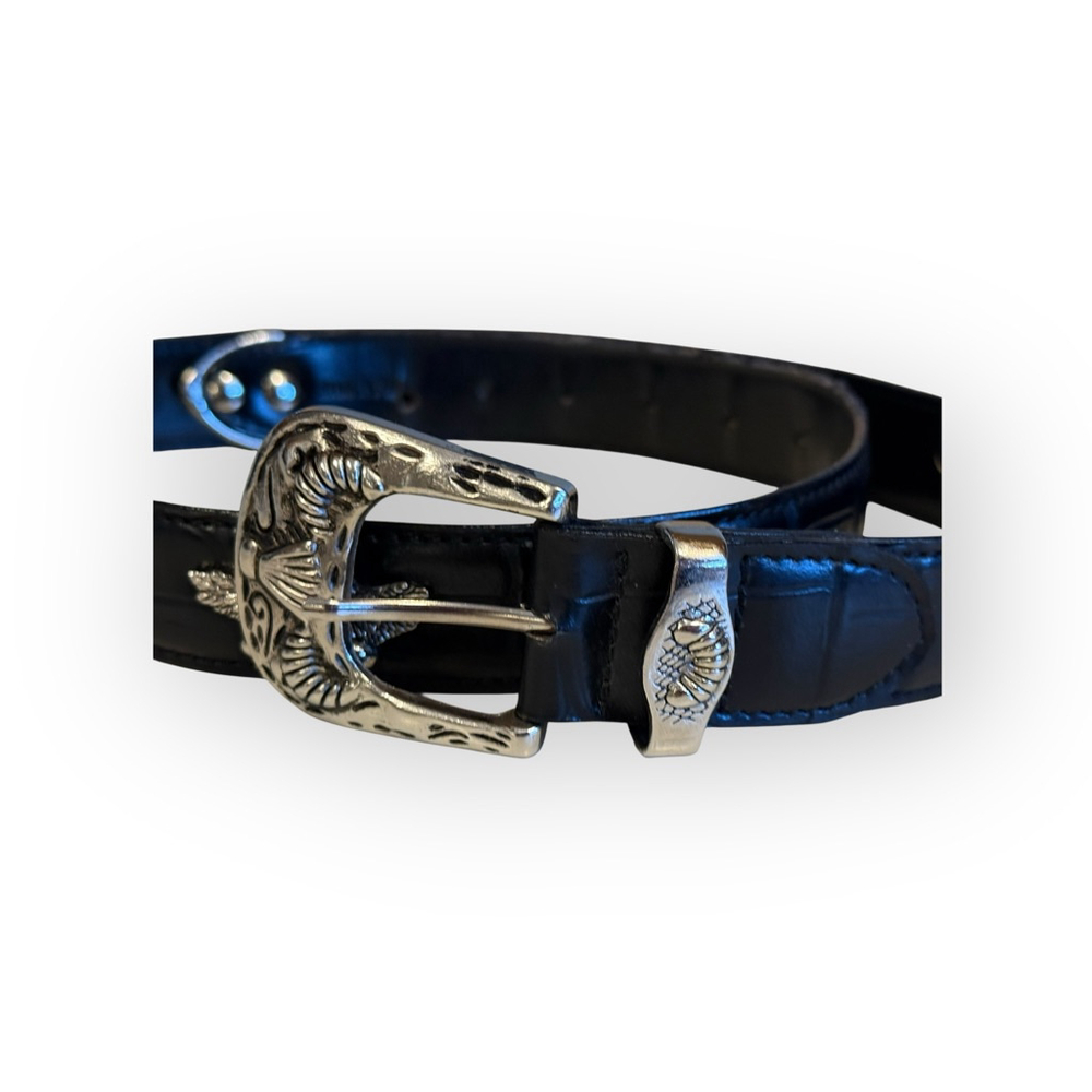 Black Faux Leather Angel Belt Silver Buckle Croc Embossed 1” Wide 39” Length - Picture 8 of 8